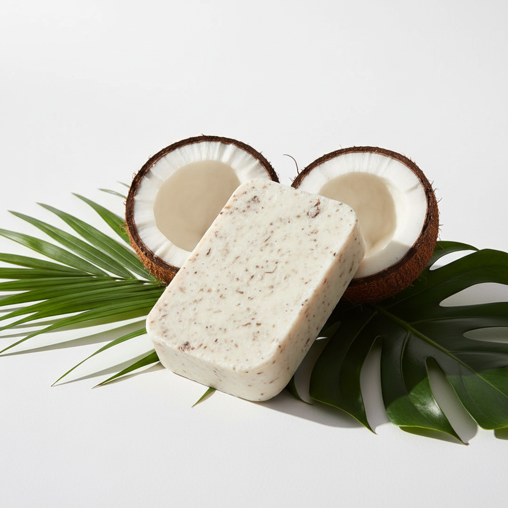 Natural handmade coconut soap bar with coconut halves and tropical leaves